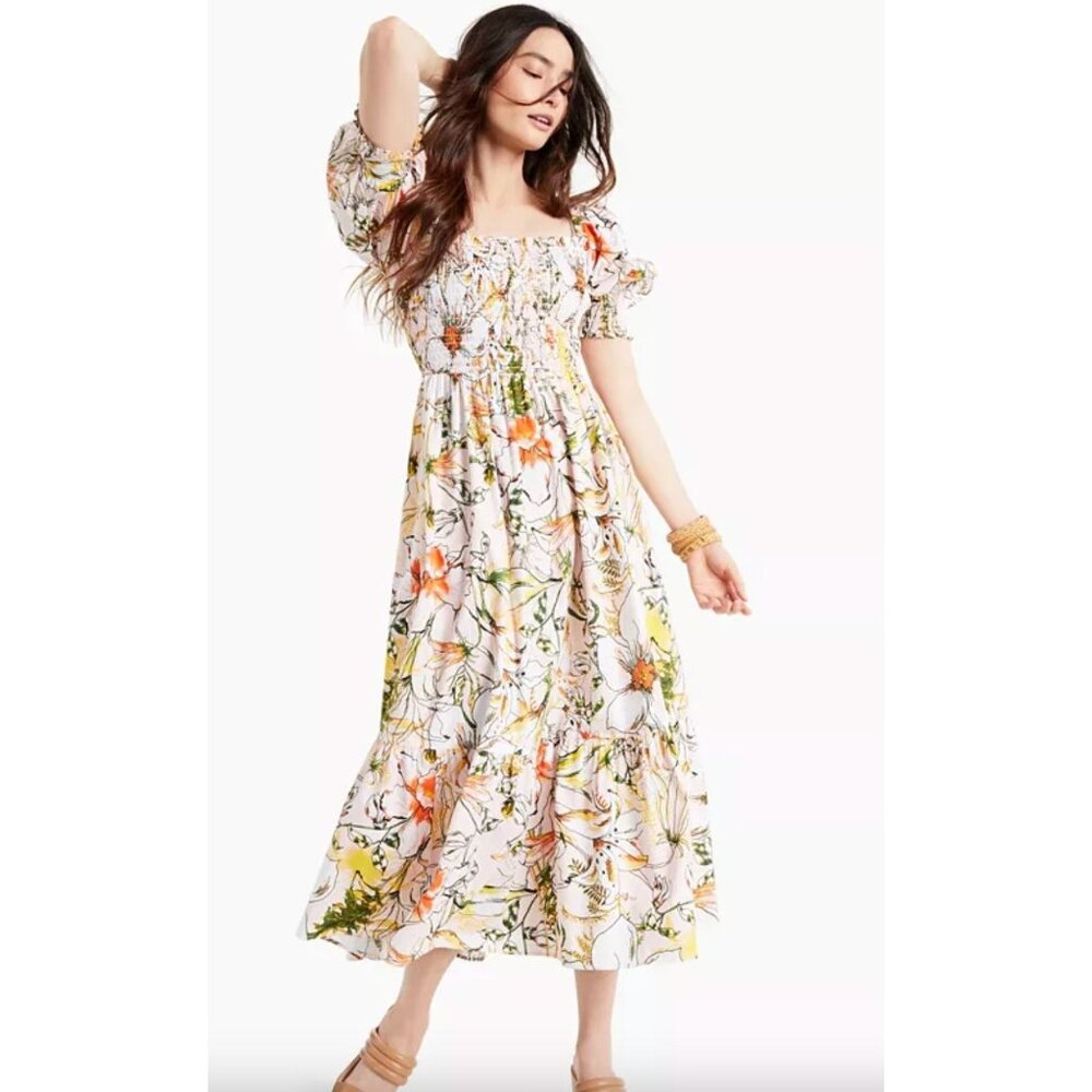 INC International Concepts Cream Floral Maxi Dress with Orange & Green Print